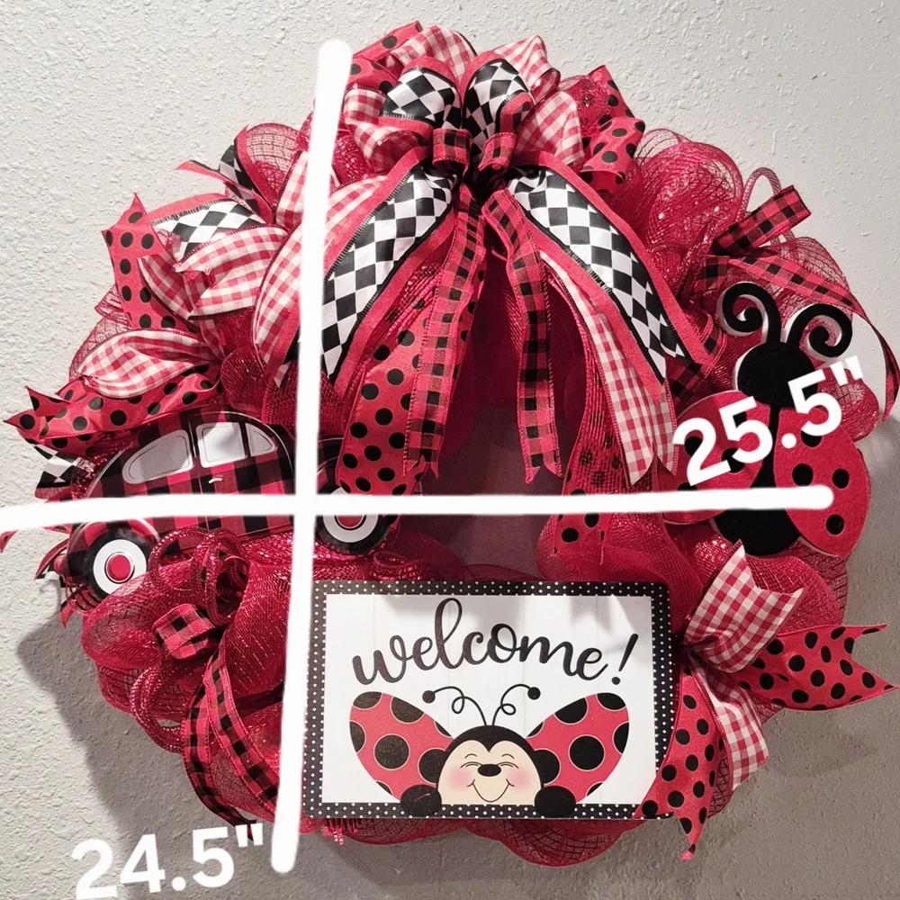 Wreath Welcome Ladybug love bug car black red polkadots buffalo checker Summer